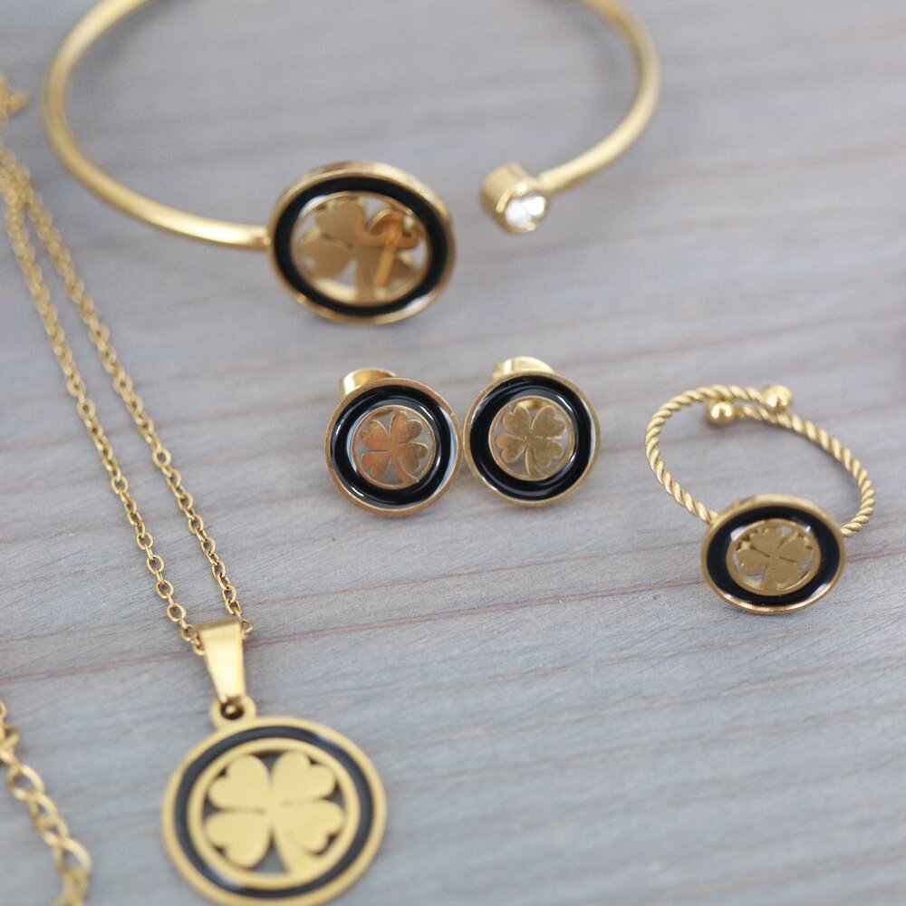 4Leaf Style Clover 4pcs Jewelry Set 18k Gold Plated Stainless Steel  N/B/R/E